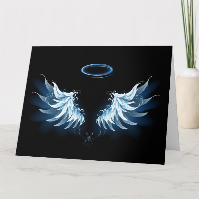 Blue Glowing Angel Wings on black background Thank You Card (Front)