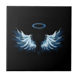 Blue Glowing Angel Wings on black background Tile