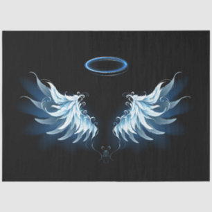 Blue Glowing Angel Wings on black background Tissue Paper