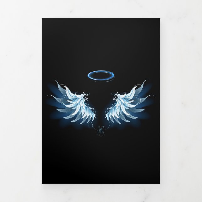 Blue Glowing Angel Wings on black background Tri-Fold Invitation (Cover)