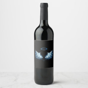 Blue Glowing Angel Wings on black background Wine Label