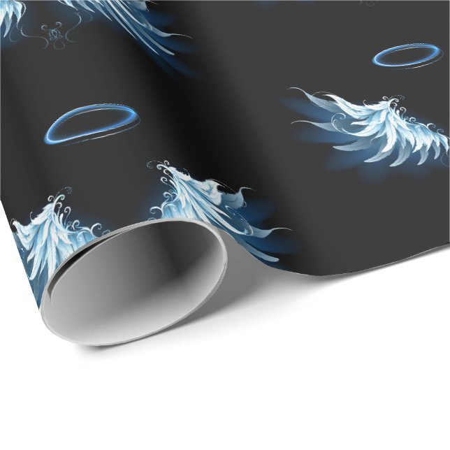 Blue Glowing Angel Wings on black background Wrapping Paper (Roll Corner)
