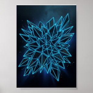 Blue Glowing Geometric Mandala Abstract Neon Fleec Poster