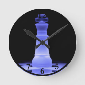 Blue Glowing King Chess Piece Round Clock