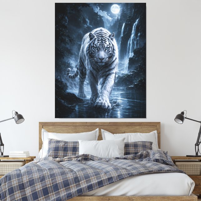 Blue Glowing White Tiger Walking Waterfall Fantasy Canvas Print (Insitu(Bedroom))