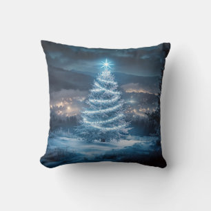 Blue Glowing Winter Night Christmas Tree Cushion