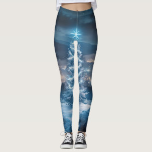 Blue Glowing Winter Night Christmas Tree Leggings