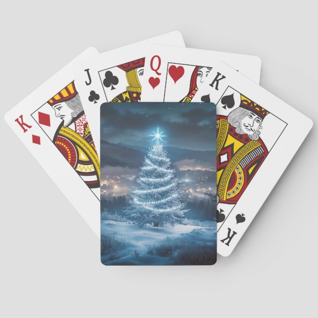 Blue Glowing Winter Night Christmas Tree Playing Cards (Back)