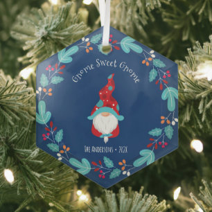 Blue Gnome Sweet Gnome Elf Floral Wreath Whimsical Glass Tree Decoration