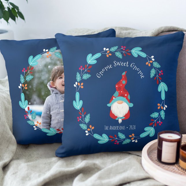 Blue Gnome Sweet Gnome Elf Photo Floral Wreath Cushion (Creator Uploaded)