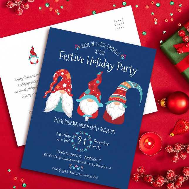 Blue Gnomes Christmas Holiday Party Festive Cute Invitation Postcard (Creator Uploaded)
