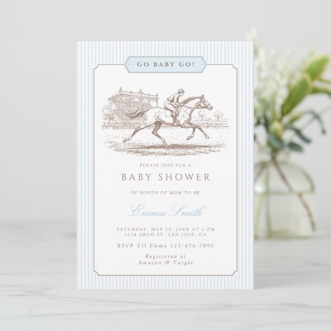 Blue Go Baby Go Derby Baby Shower Preppy Classic  Invitation (Standing Front)