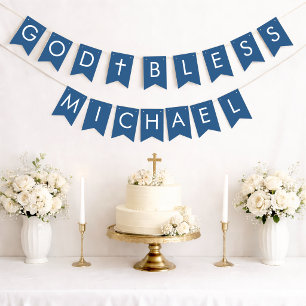 Blue God Bless 7 Letters Name Baptism Communion Bunting