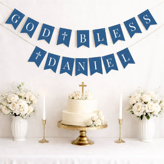 Blue God Bless Boy 6 Letter Name Baptism Communion Bunting