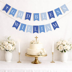 Blue God Bless Name 7 Letters Baptism Communion Bunting