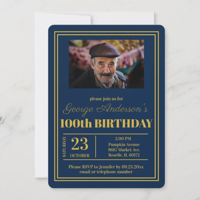 Blue Gold 100th Birthday Party Invitation (Front)