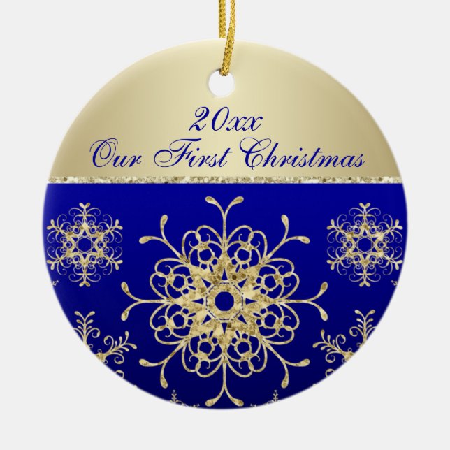 Blue, Gold 1st Christmas Keepsake Ornament (Front)