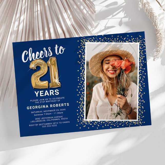 Blue Gold 21st Birthday Photo Invitation (Creator Uploaded)