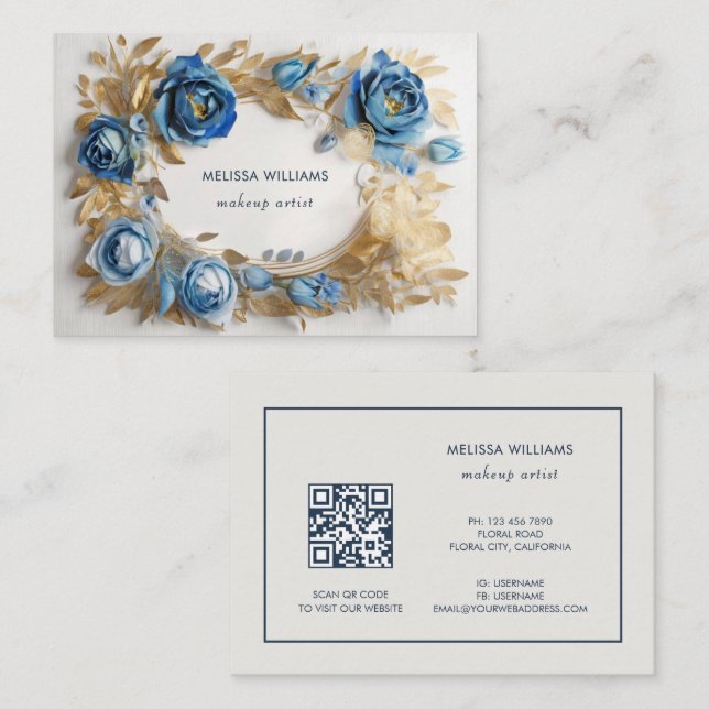 Blue Gold 3 D Flowers Business Card (Front/Back)