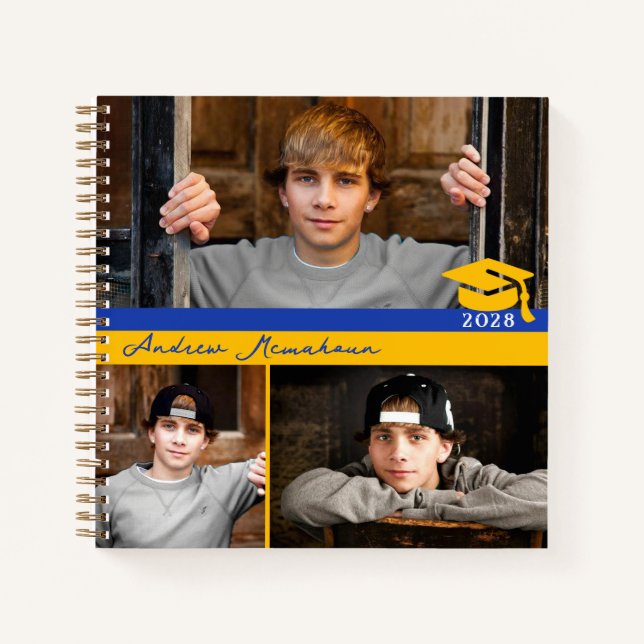 Blue & Gold 3 Photo Graduation Guestbook Notebook (Front)