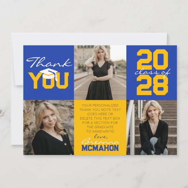 Blue & Gold 3 Photo Graduation Thank You Invitation (Front)