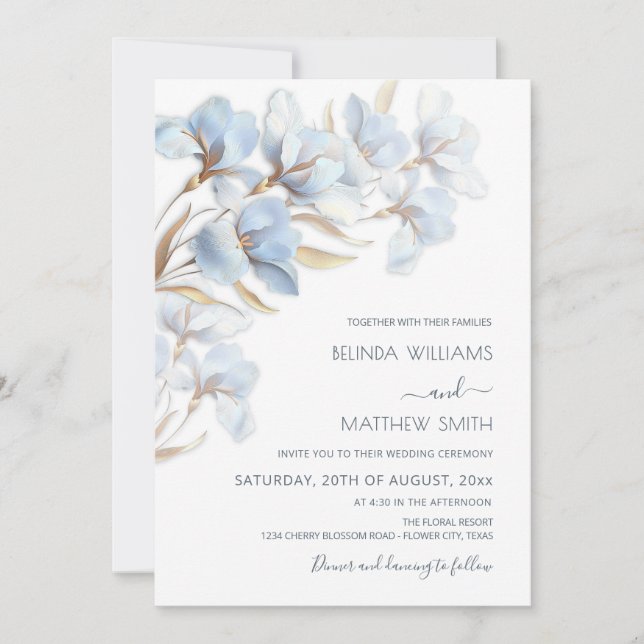 Blue Gold 3D Flowers  Invitation (Front)