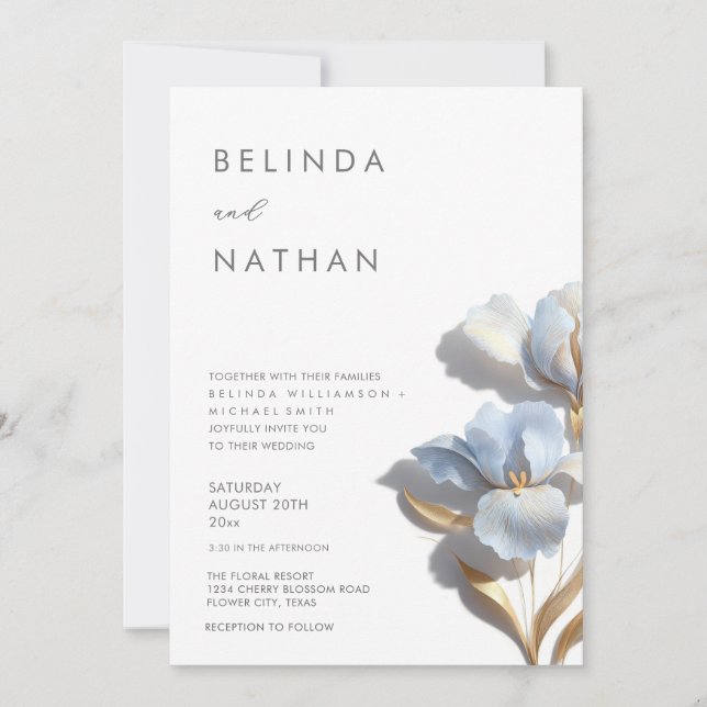 Blue Gold 3D Flowers White Invitation (Front)