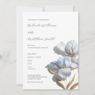 Blue Gold 3D Flowers White Invitation