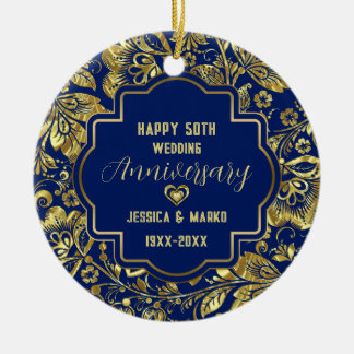 Blue & Gold 50th Wedding Anniversary  Ceramic Tree Decoration