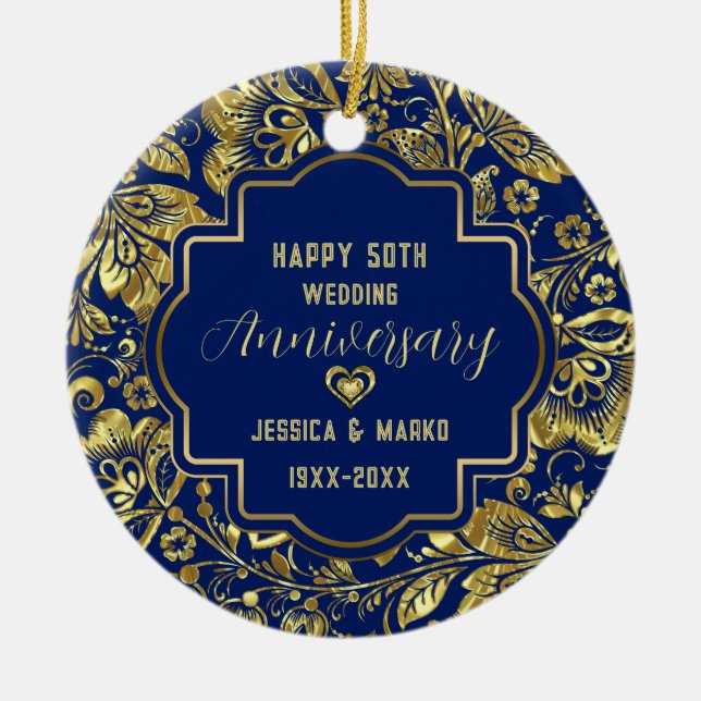 Blue & Gold 50th Wedding Anniversary  Ceramic Tree Decoration (Front)