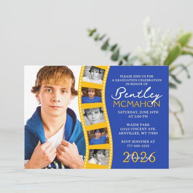 Blue & Gold 6 Photo Filmstrip Graduation Collage Invitation (Standing Front)