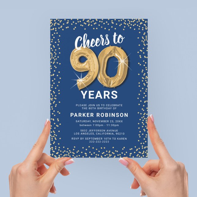 Blue Gold 90th Birthday Party Invitation (Creator Uploaded)