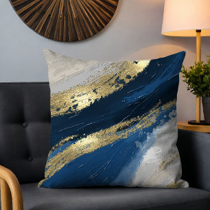 Blue Gold Abstract Brushstrokes Chic Modern Cushion