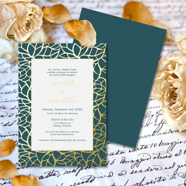 Blue & Gold Abstract Leaf Pattern Wedding (Blue & Gold Abstract Leaf Pattern Wedding Foil Invitation)