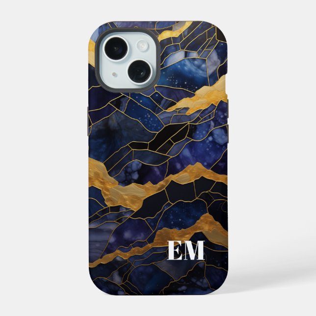 Blue Gold Abstract Marble Monogram Initials iPhone 15 Case (Back)