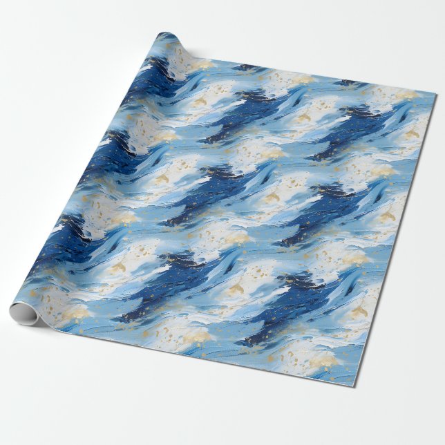 Blue & Gold Abstract Paint Wrapping Paper (Unrolled)