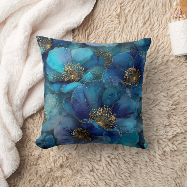 Blue Gold Abstract Watercolor Florals  Cushion (Blanket)