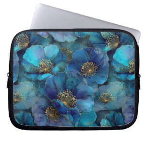 Blue Gold Abstract Watercolor Florals  Laptop Sleeve