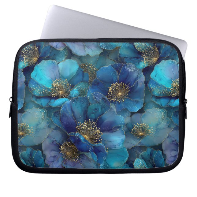 Blue Gold Abstract Watercolor Florals  Laptop Sleeve (Front)