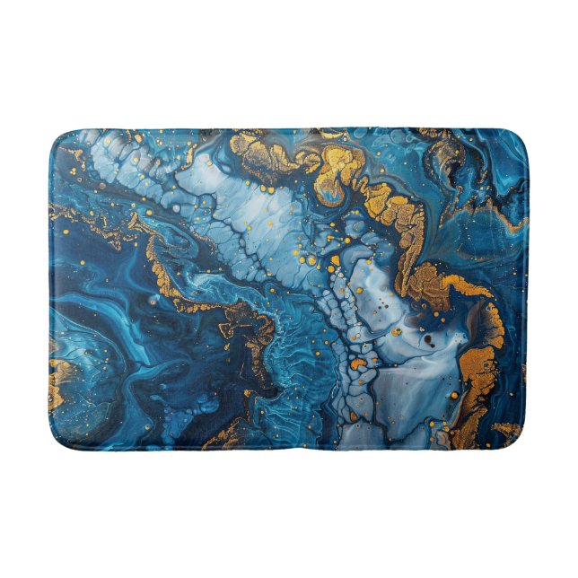 Blue Gold Acrylic Pour Pretty Water Liquid Bath Mat (Front)