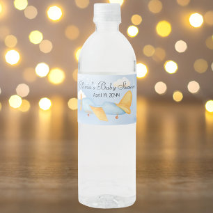 Blue Gold Aeroplane Clouds, Cute Boy Baby Shower  Water Bottle Label