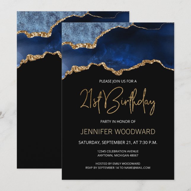 Blue Gold Agate 21st Birthday Party Invitation (Front/Back)