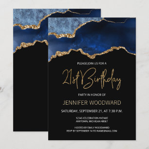 Blue Gold Agate 21st Birthday Party Invitation