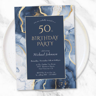 Blue Gold Agate 50th Birthday Invitation