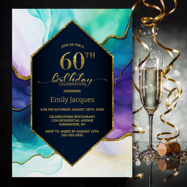 Blue Gold Agate 60th Birthday Party Invitation (Creator Uploaded)