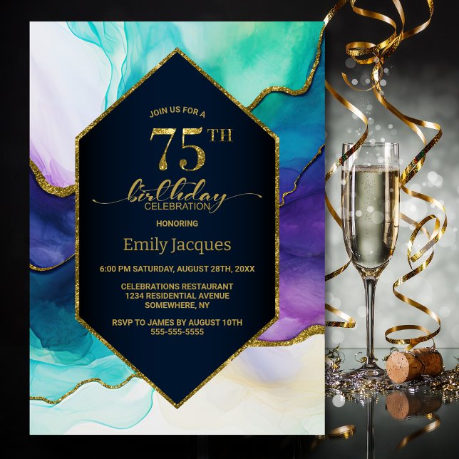 Blue Gold Agate 75th Birthday Party Invitation (Creator Uploaded)