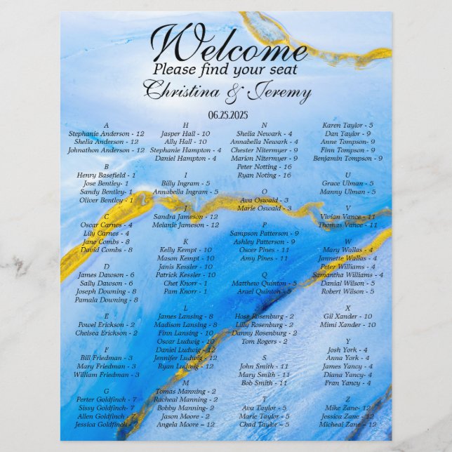 Blue Gold Agate A-Z Wedding Reception Seat Chart (Front)