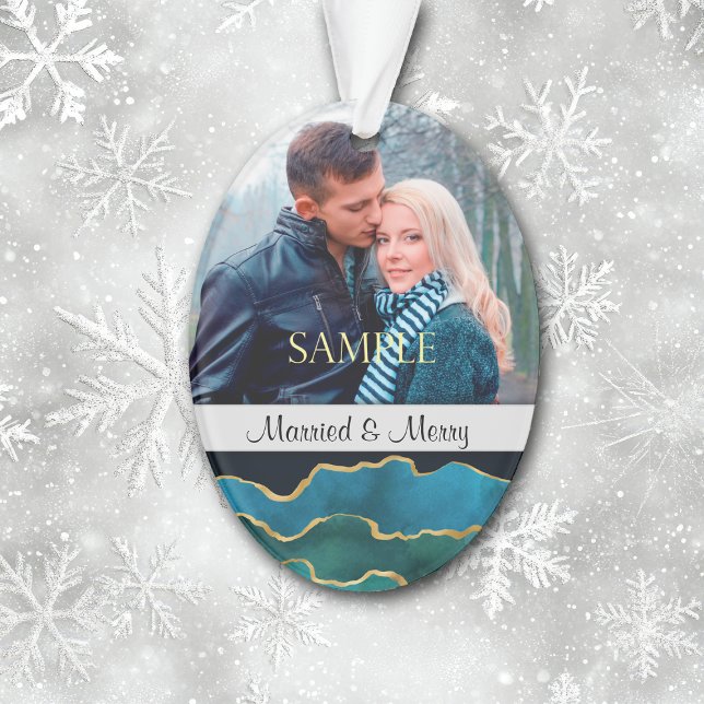 Blue Gold Agate Abstract Married & Merry Christmas Ornament (Creator Uploaded)