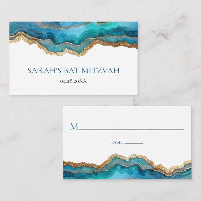 Blue Gold Agate Bar Bat Mitzvah Placecard (Front/Back)