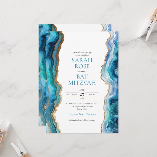 Blue Gold Agate Bat or Bar Mitzvah Invitation (Front/Back In Situ)